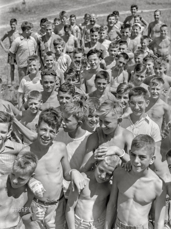 Photo showing: The Buoys of Summer -- July 1942. Florence, Alabama (vicinity). Boys in swimming class at Boy Scout camp.