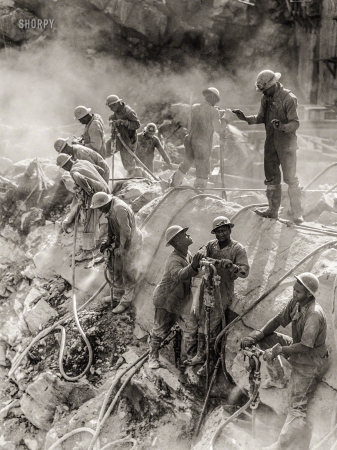 Photo showing: Jackhammer Time -- August 1942. Fort Loudoun Dam -- Tennessee Valley Authority drillers.