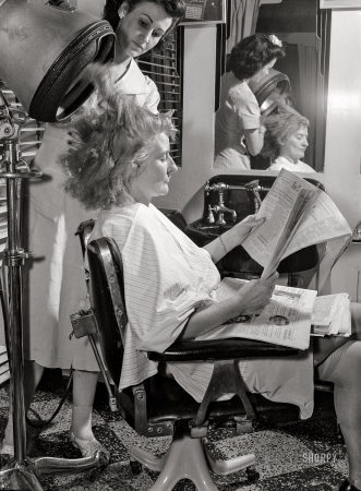Photo showing: Dye-n-Dry -- August 1942. New York. Drying hair after dyeing it
at Francois de Paris, a hairdresser on West Eighth Street.