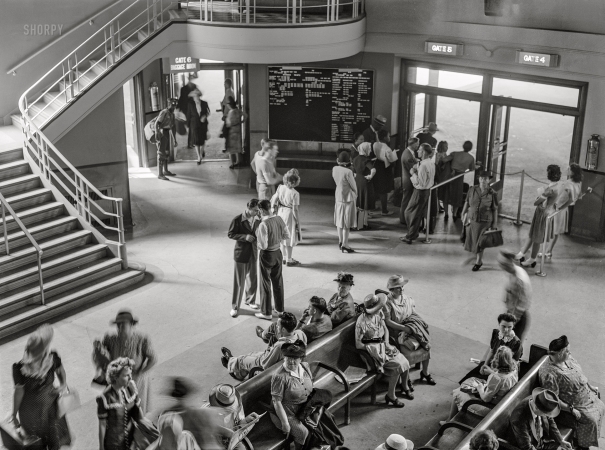 Photo showing: Hello, Goodbye -- August 1942. Detroit, Michigan. Waiting room at Greyhound bus depot.