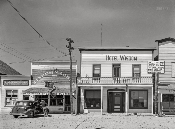 Photo showing: Hotel Wisdom -- August 1942. Big Hole Valley, Beaverhead County, Montana. Buildings on the main street of Wisdom, Montana.