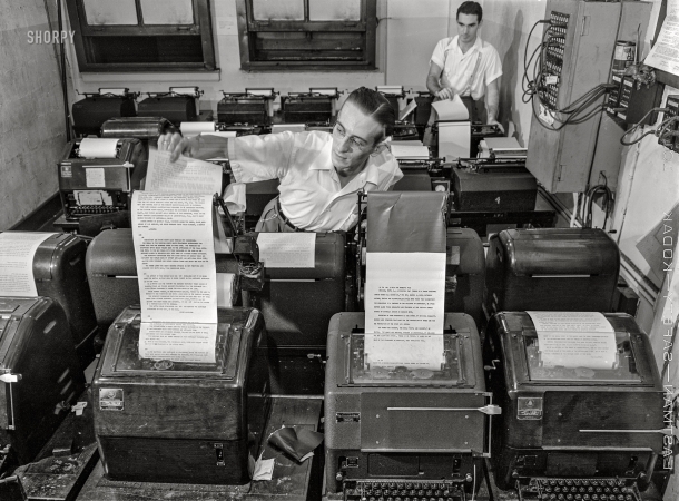 Photo showing: The Wire Room -- September 1942. New York. Wire room of the New York Times newspaper.