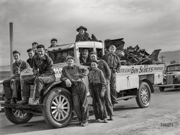 Photo showing: Christina Klunk -- October 1942. Butte, Montana. Boy Scouts with a truckload of scrap during the salvage campaign.