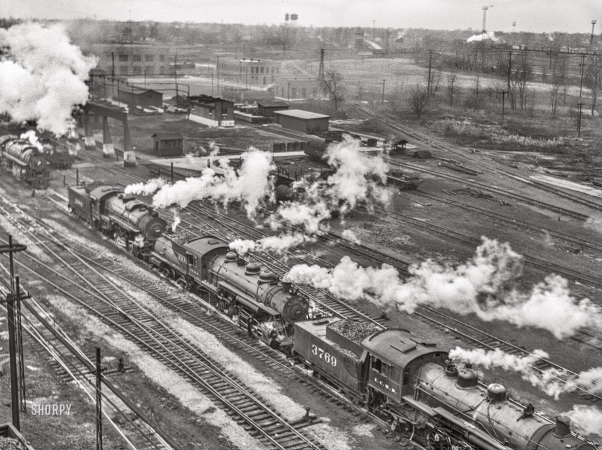 Photo showing: Illinois Central II -- November 1942. Chicago, Illinois. Locomotives in an Illinois Central Railroad yard.