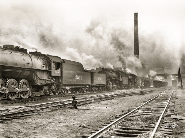 Photo showing: I.C.R.R. -- November 1942. Chicago, Illinois. Locomotives in the Illinois Central railyard.