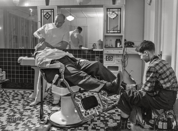 Photo showing: Shave and a Shoeshine -- November 1942. Lititz, Pennsylvania. Mr. Pennepacker has sixty less haircuts a month since the boys left town.