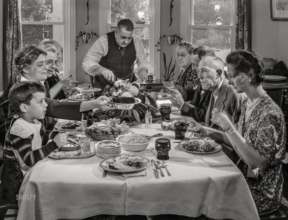 Photo showing: Dig In, Folks -- November 1942. Neffsville, Pennsylvania. Thanksgiving dinner at the house of Earle Landis.