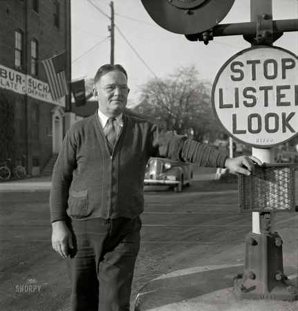 Photo showing: Mr. O.K. -- November 1942. Lititz, Pennsylvania. Mr. O.K. Bushong, express agent.