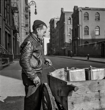 Photo showing: Winter Ice -- January 1943. Italian-Americans on Lower East Side of Manhattan. Ice vendor on Mulberry Street.
