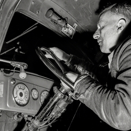 Photo showing: Night Rider -- March 1943. Pearlington, Mississippi. James Hall, truck driver, en route to New Orleans on U.S. Highway 90.