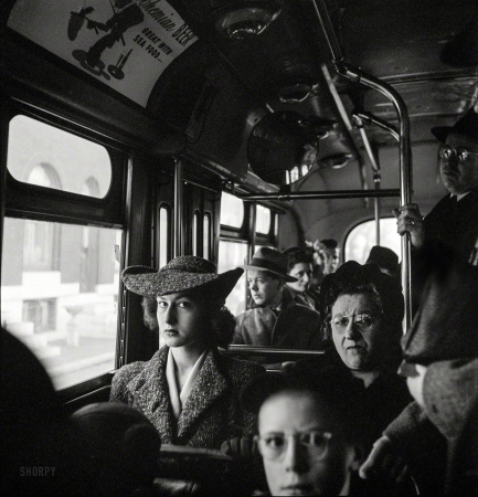 Photo showing: Errand of Marcy -- April 1943. Baltimore, Maryland. Crowded bus carrying people to work at eight a.m.