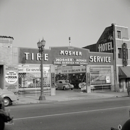 Photo showing: Tire Service -- 1942. Hollywood, California. Tire service station.