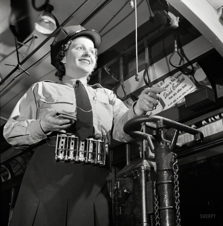 Photo showing: Fare Maiden -- June 1943. Washington, D.C. Hattie B. Sheehan, a streetcar conductor for the Capital Transit Company.