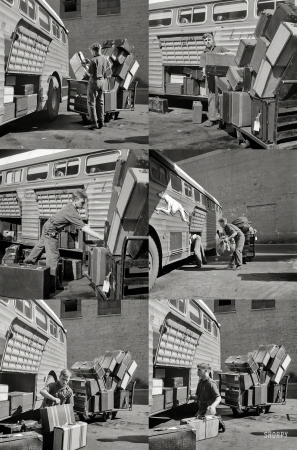 Photo showing: Bus Triptych -- September 1943. Cincinnati, Ohio. Loading baggage on a Greyhound bus at the bus terminal.