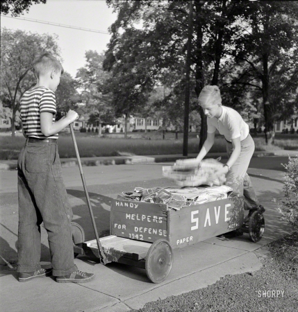 Photo showing: Handy Helpers -- May 1942. Southington, Connecticut. Boys collecting paper and metal for scrap drive.