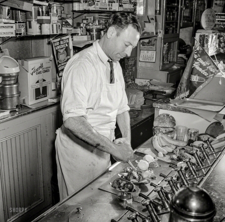 Photo showing: Bananamerica -- May 1942. Southington, Conn. Dimitrios Giorgios, who came from Greece, runs a soda fountain ... 