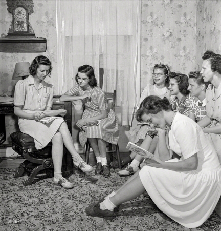 Photo showing: Bobby Sox Brigade -- July 1942. East Montpelier, Vermont. Marilyn Ormsbee, in striped
dress, is president of her 4-H Club, the Montpelier Center Girls.