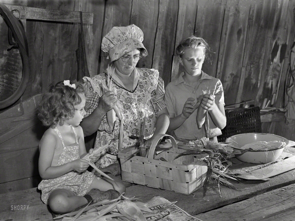Photo showing: The Corn Is Gray -- Sept. 1942. Canfield, Ohio. Mrs. Harry Mercer, a young neighbor and grandchild, husking and removing silk from the corn.