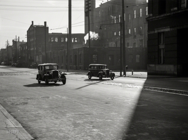 Photo showing: South Fifth -- Spring 1938. Philadelphia, Pennsylvania. Cars on South Fifth Street.