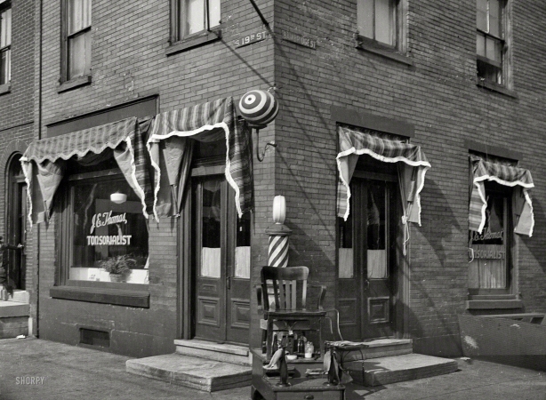 Photo showing: Thomas the Tonsorialist -- Spring 1937. Barber shop at 19th and Bainbridge Streets, Philadelphia.