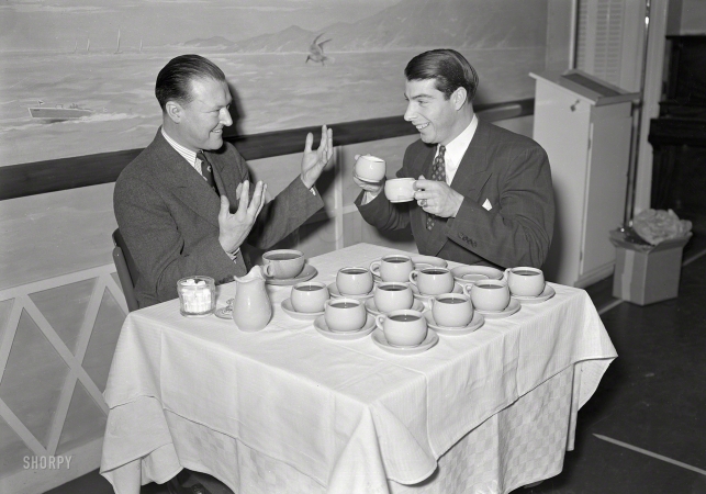 Photo showing: Mr. Coffee -- San Francisco circa 1940. Joe DiMaggio and friend in a restaurant.