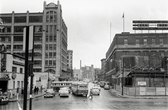 Photo showing: New England Terminal -- Street scene, Providence, 1957. The Journal-Bulletin newspaper building at right.