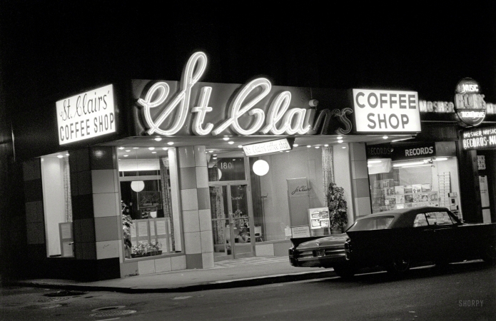 Photo showing: Coffee Shop Cadillac -- St. Clairs Coffee Shop and Mosher Record Store, Boston, night.