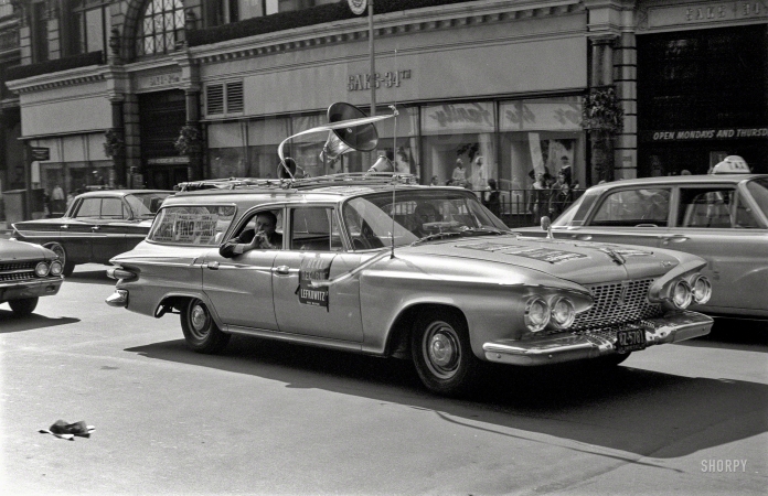 Photo showing: Lefty for Mayor -- New York, 1961. Lefkowitz for Mayor campaign car with loudspeakers.