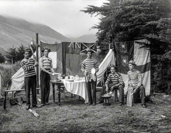 Photo showing: Banded Brothers -- New Zealand circa 1905. Group of men doing chores at a campsite, possibly Sumner, Christchurch. 