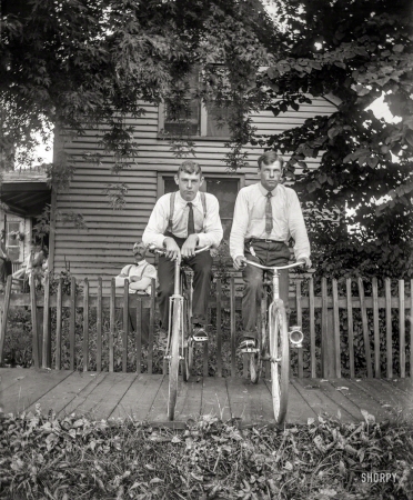 Photo showing: Rover Boys -- Circa 1900, location unknown. Lettis, bikes.