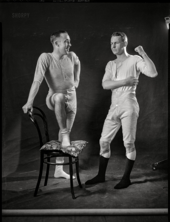 Photo showing: Underwar: 1935 -- Wellington, New Zealand. Advertising photography -- two men in long-johns.