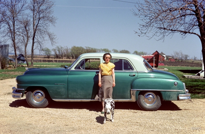 Photo showing: Claudes Farm -- Grace at Claude's farm -- April 27, 1952. Along with Sally the Dalmatian, somewhere in Minnesota.