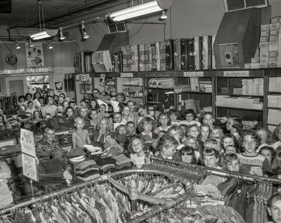 Photo showing: Back to School -- Palatine, Illinois, circa 1950. Schoolchildren at Hirsch's.