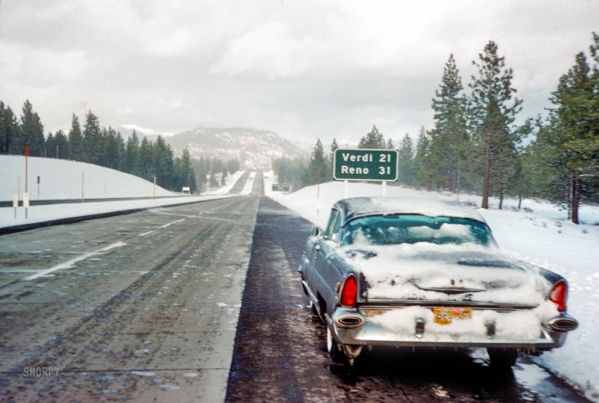 Photo showing: Cold Stop -- February 1961. A 1956 Lincoln Capri coupe, 31 miles from Reno.