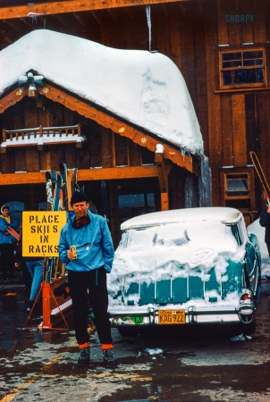 Photo showing: Ski Nomad -- February 1959. Hot-rodder-skier Don Cox and a 1957 Chevy Nomad.