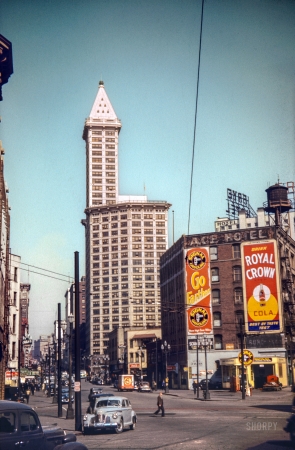 Photo showing: Seattle: 1942 -- At opposite end of the architectural spectrum, the Smith Tower and Ace Hotel.
