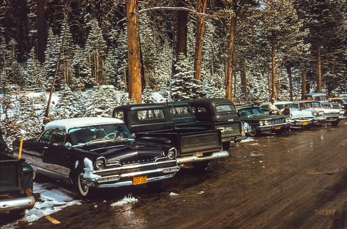 Photo showing: Lodge Parking -- The latest from hot-rodder-photographer-skier Don Cox
is this 35mm Kodachrome dated February 1961.