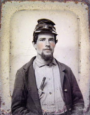 Photo showing: Rusty: 1863 -- Ca. 1863. Unidentified soldier in Union uniform with forage cap carrying a bone handle knife in breast pocket.