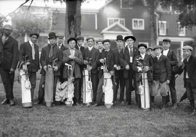 Photo showing: Caddyshack -- May 1908. Union County, New Jersey. Golf caddies at Baltusrol.