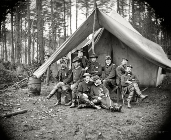 Photo showing: Riddle at Brandy Station -- April 1864. Brandy Station, Virginia. Major William Riddle and friends. Headquarters, Army of the Potomac. 