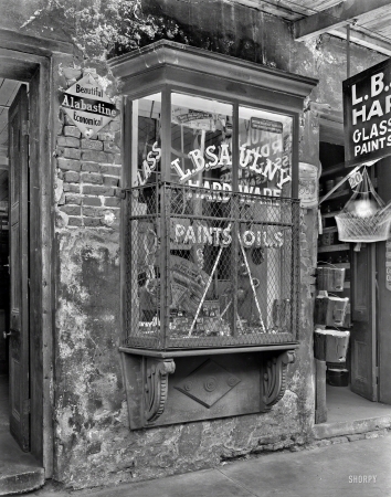 Photo showing: Glass Paints Oils -- Circa 1937. Hardware store, 906 Bourbon Street, New Orleans.
