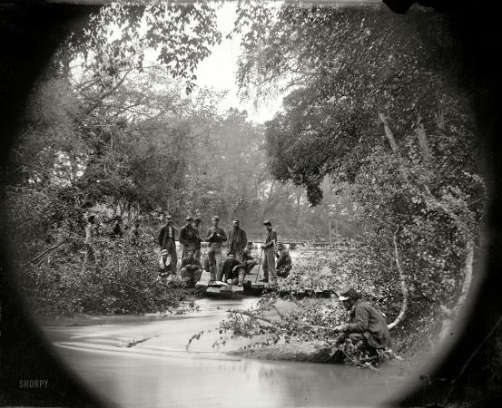 Photo showing: The Portal: 1864 -- May 1864. North Anna River, Virginia. Pontoon bridge across North Anna below railroad bridge.