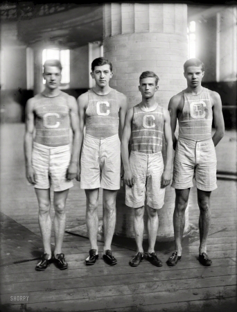 Photo showing: Fast Learners -- New York. Columbia Relay Team, 1908. Capt. A. Zink, G.W. Hoyns, B. Sanders, K.M. Boorman.