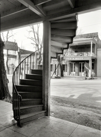 Photo showing: Double Helix -- March 10, 1934. Weaverville, Trinity County, California. East elevation,
I.O.O.F. Lodge No. 55; also stairs of N.S.G.W. lodge hall, foreground.