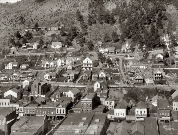 Photo showing: Deadwood From Above -- Circa 1890. Altitude. Part of Deadwood, South Dakota, as seen from big flume.