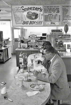 Photo showing: Sneezers Big Boy -- 1960. Green Bay, Wisconsin. Packers coach Vince Lombardi at lunch counter.