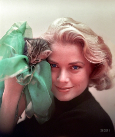 Photo showing: To Catch a Kitten -- 1954. From photographs of actress Grace Kelly on the movie set of To Catch a Thief.