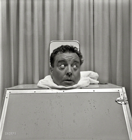 Photo showing: And Away We Go -- New York. August 1952. Jackie Gleason rehearsing television show. Includes Gleason in steam cabinet.