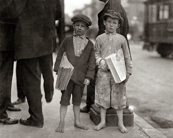 Photo showing: Red and I -- May 1915. Nine-year-old newsie and his 7-year-old brother 'Red.' Tough specimen of Los Angeles newsboys.