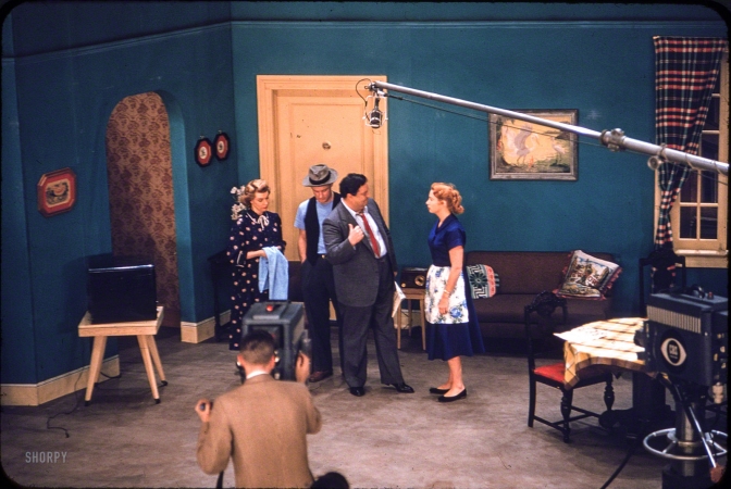 Photo showing: The Honeymooners. -- April 1955. Art Carney, Jackie Gleason, Audrey Meadows, and Joyce Randolph
performing skit on television sound stage for The Honeymooners.
